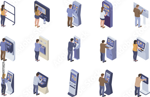 People using interactive touchscreen kiosks vector illustration set, digital self service terminals and information displays in modern public spaces