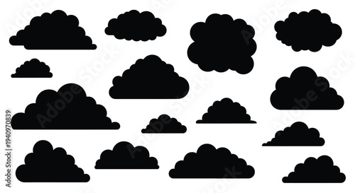 Black silhouettes of various cloud shapes against a white background