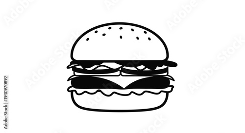 Simple black and white illustration of a classic cheeseburger with visible layers