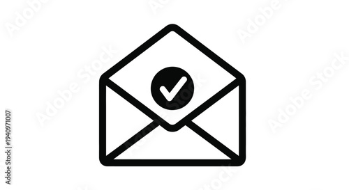 Simple black and white icon of an email with a checkmark inside