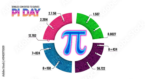 Colorful pi day illustration with a pie chart design and mathematical digits on a white background.