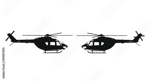 Two black silhouettes of helicopters facing opposite directions on a white background