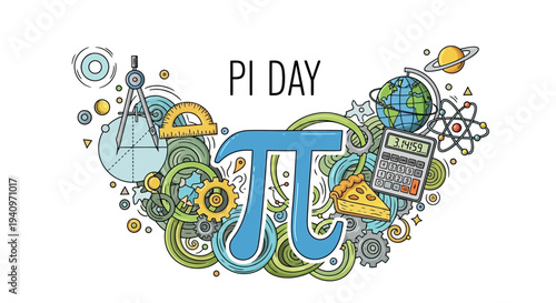 Colorful illustration celebrating Pi Day with math symbols and objects on a white background in a lively and educational style.