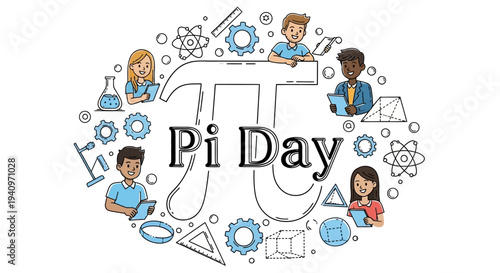 Illustration of Pi Day celebration with students and mathematical symbols in a circular composition with a mix of blue and black colors conveying a joyful and educational mood.