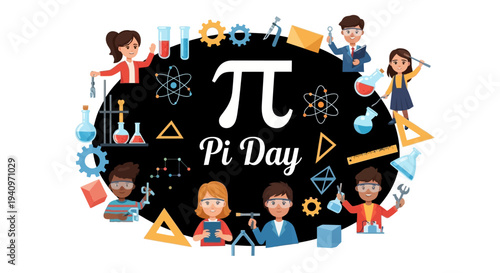 Colorful illustration of children celebrating Pi Day with mathematical symbols and the pi symbol on a black background with a joyful and educational mood.