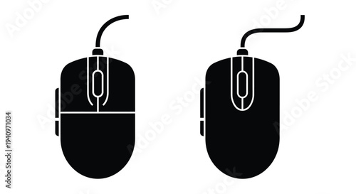Two black computer mice icons side and top views isolated on white