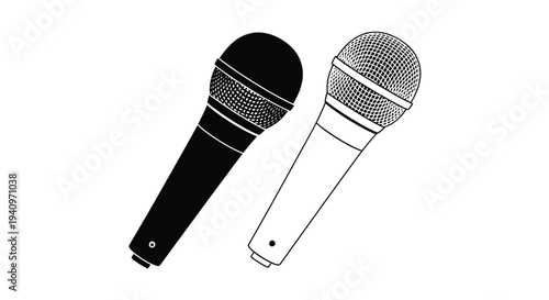 Two microphones one solid black and one outlined in white on a white background