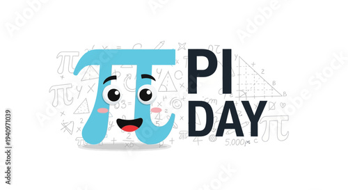 A cheerful cartoon pi symbol with a face and rosy cheeks, surrounded by mathematical symbols and text reading 'PI DAY' in bold letters, conveying a joyful math education concept with bright