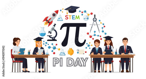 Illustration of students in graduation caps sitting at desks around a pi day design with math symbols and a pi symbol on a white background, conveying a math education concept.