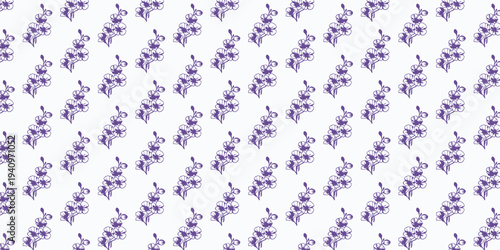 Repeating pattern of purple hand-drawn flower clusters with thin stems on a white background