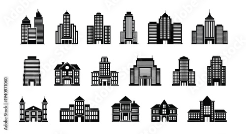 Black and white illustration of various city buildings and residential homes