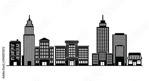 A simplified black and white illustration of a dense urban city skyline