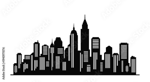 Black and white silhouette of a dense urban city skyline