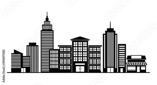 A black and white silhouette of a modern city skyline with varied buildings