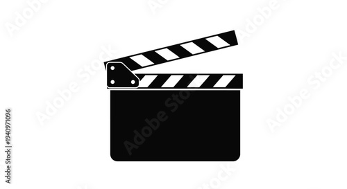 A black and white illustration of an open film clapperboard