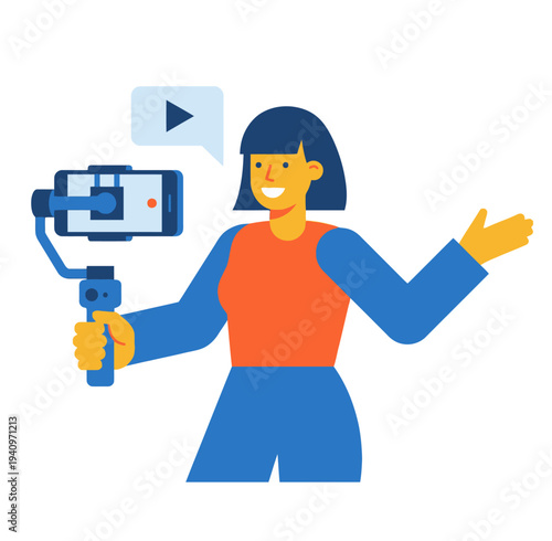 A young woman holding a smartphone selfie stick and recording a video in a casual setting