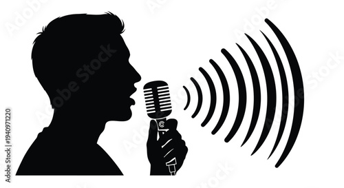 Silhouette of a man speaking into a microphone with sound waves