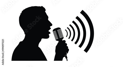 A silhouetted man singing into a vintage style microphone with sound waves