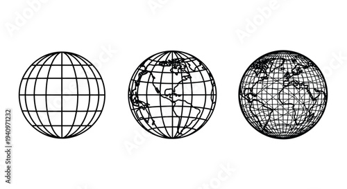 Three spherical globes with varying levels of detail are displayed