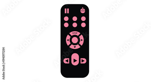 A black remote control with bright pink buttons and navigational controls