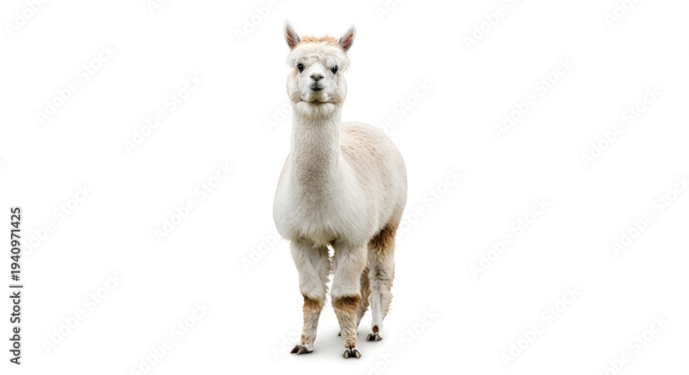 Fototapeta premium Adorable white alpaca with soft, fluffy fur standing upright, looking directly at the viewer with a gentle expression on a clean white studio background