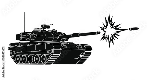 Black silhouette of a tank firing a shell with an explosion