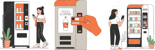 Woman using vending machine vector illustration, customer buying drinks and snacks with smartphone at automatic food and beverage dispenser