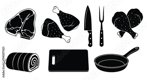 Graphic illustration of various cuts of meat cooking tools and a cutting board