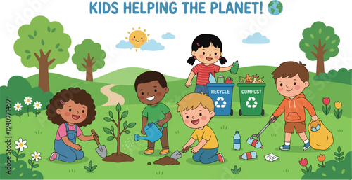 Kid environmental activist recycling and protecting earth cartoon illustration