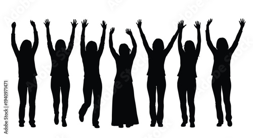 Silhouettes of women with arms raised in a celebratory or victorious pose