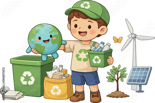 Kid environmental activist recycling and protecting earth cartoon illustration