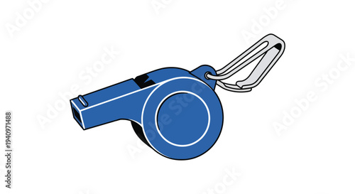 A blue sports whistle with a lanyard attachment isolated on white