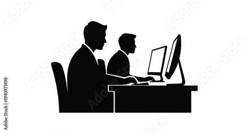 Two professionals collaborate at a desk with a computer depicted in silhouette