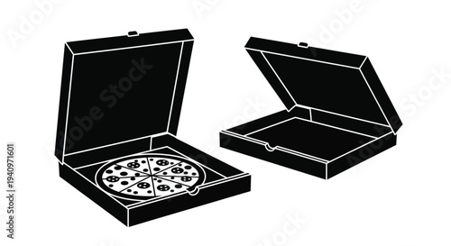 Black and white illustration of a pizza in an open box and a closed box