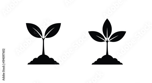 Two minimalist black silhouettes of sprouting seedlings with rounded leaves