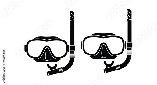 Two black and white diving masks with snorkels depicted in a simple style
