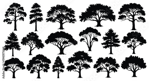Collection of various tree silhouettes against a white background