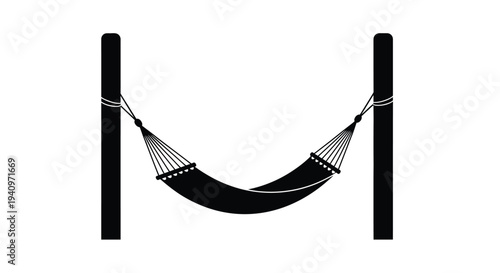 Simple black and white illustration of a hanging hammock between two posts
