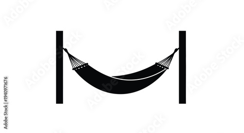 Simple black and white illustration of a hanging hammock between two posts