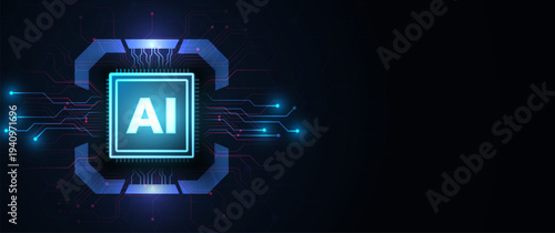 Glowing cyan artificial intelligence processor chip beside dark copy space with digital circuit network