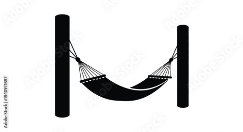 Simple black and white illustration of a hammock strung between two posts