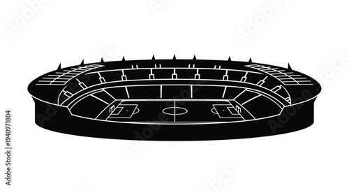 Black and white illustration of a large oval stadium structure