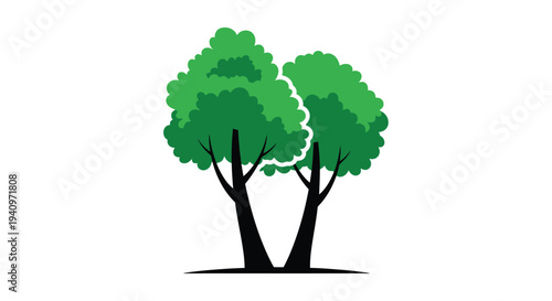 Two stylized green trees with dark trunks on a white background