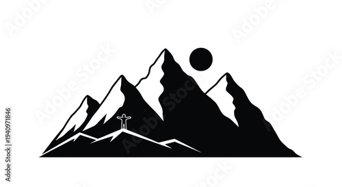 Minimalist mountain landscape with a solitary figure silhouetted against the moon