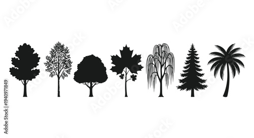 A collection of various tree silhouettes in black and white
