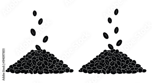 Falling coffee beans forming two distinct piles simple black and white illustration