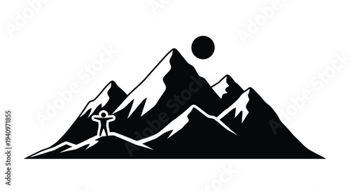 Minimalist mountain landscape with a small figure silhouetted against the moon