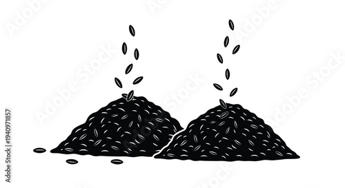 Two piles of coffee beans with scattered beans and some falling upwards
