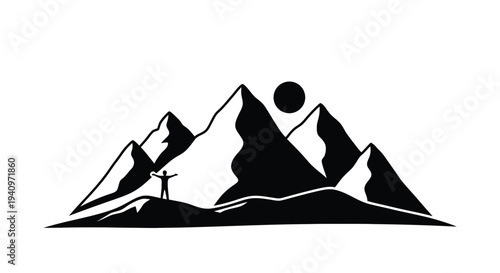 Minimalist black and white illustration of a person in a mountainous landscape