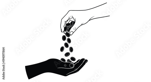 Hands releasing small dark objects into another open hand